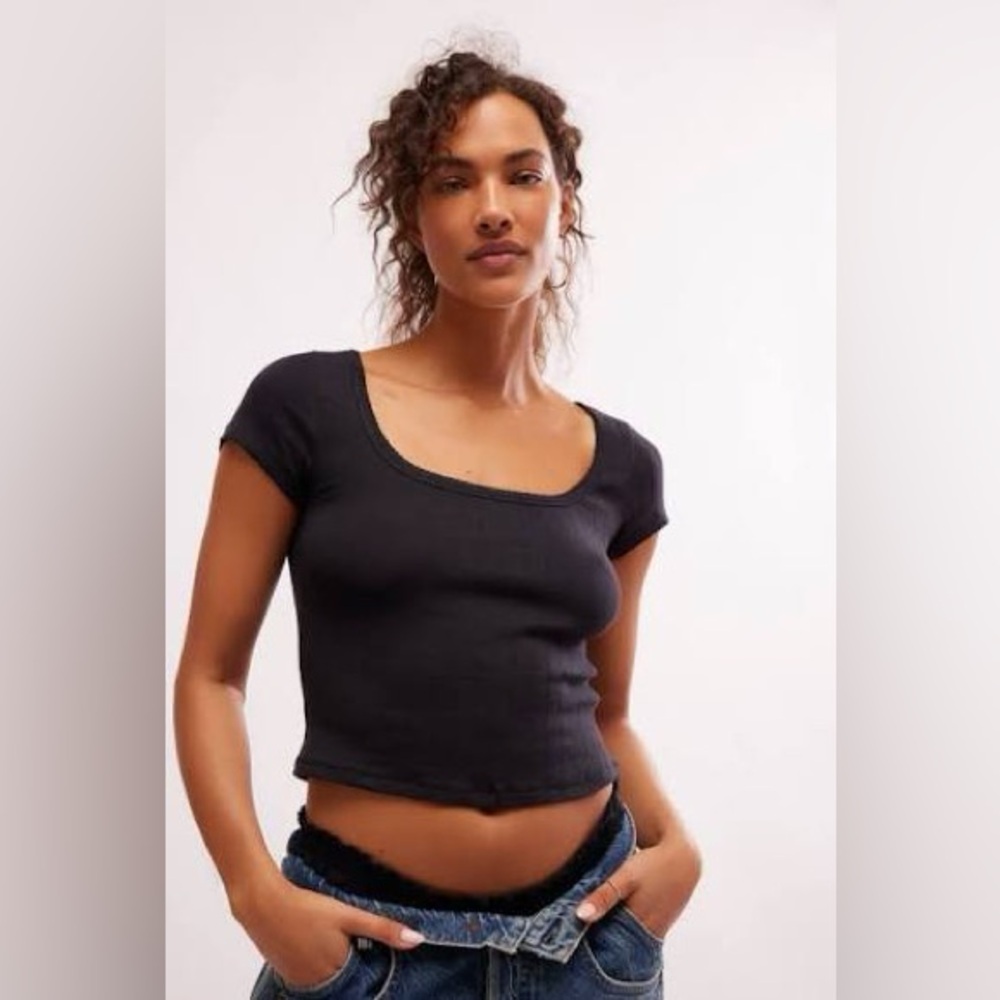 Free People Intimately Endgame Pointelle Baby Tee Shirt in Midnight Blue  Small